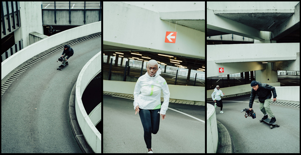 Split image: Stefan Jansen shooting a runner from an electric skateboard